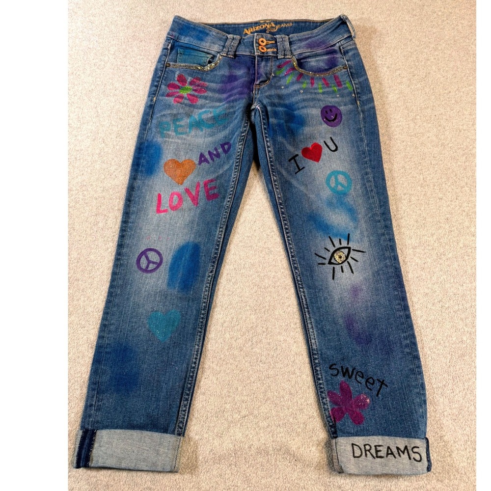 Custom Painted Arizona‎ Jeans Size 3 Y2K Boho Peace Love Artsy Denim Pants Retro